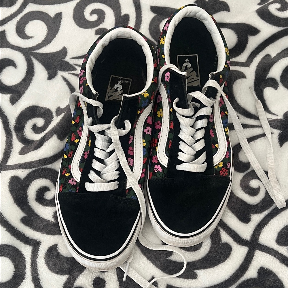 Vans Black Floral Old Skool Sneakers with White Stripe